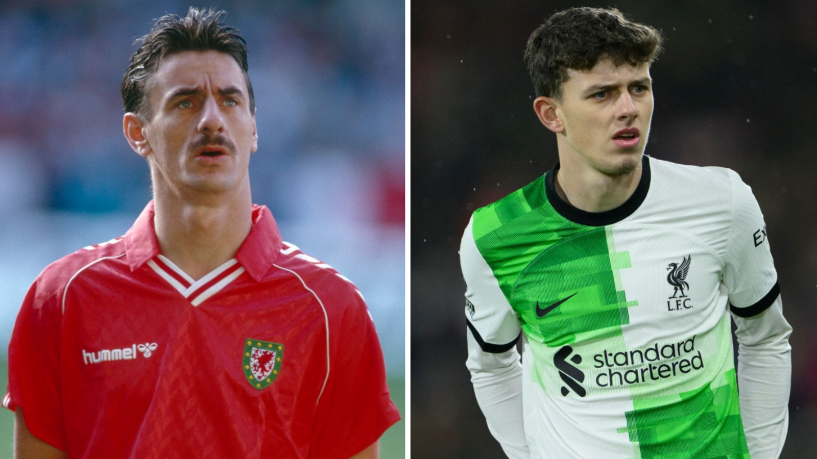 Ian Rush yn chwarae dros Gymru ac Owen Beck yn chwarae dros Lerpwl