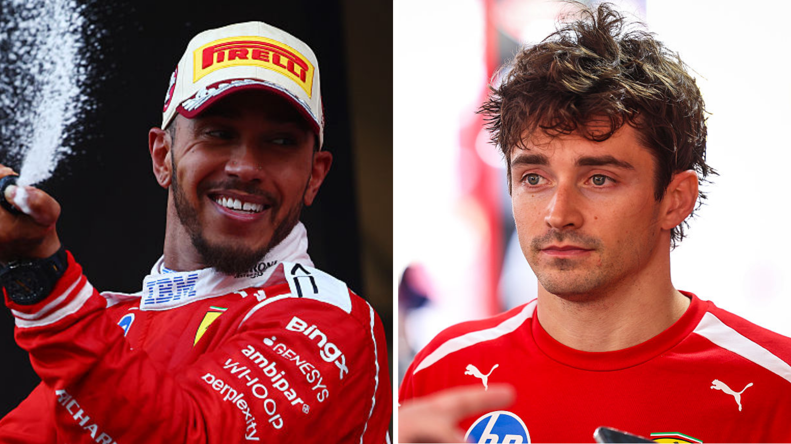A split image of Lewis Hamilton spraying champagne and Charles Leclerc looking disappointed 
