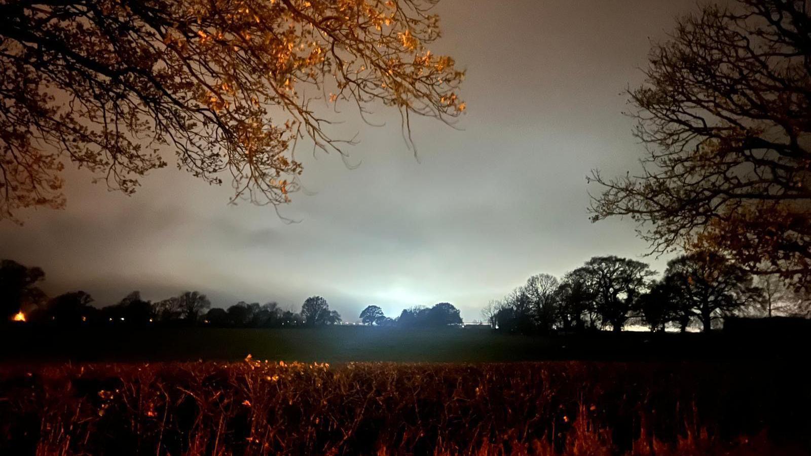 A field and trees are set against a nighttime sky which has been illuminated by warehouse lights. There is a hedgerow in the foreground and in the distance are trees silhouetted against the sky.