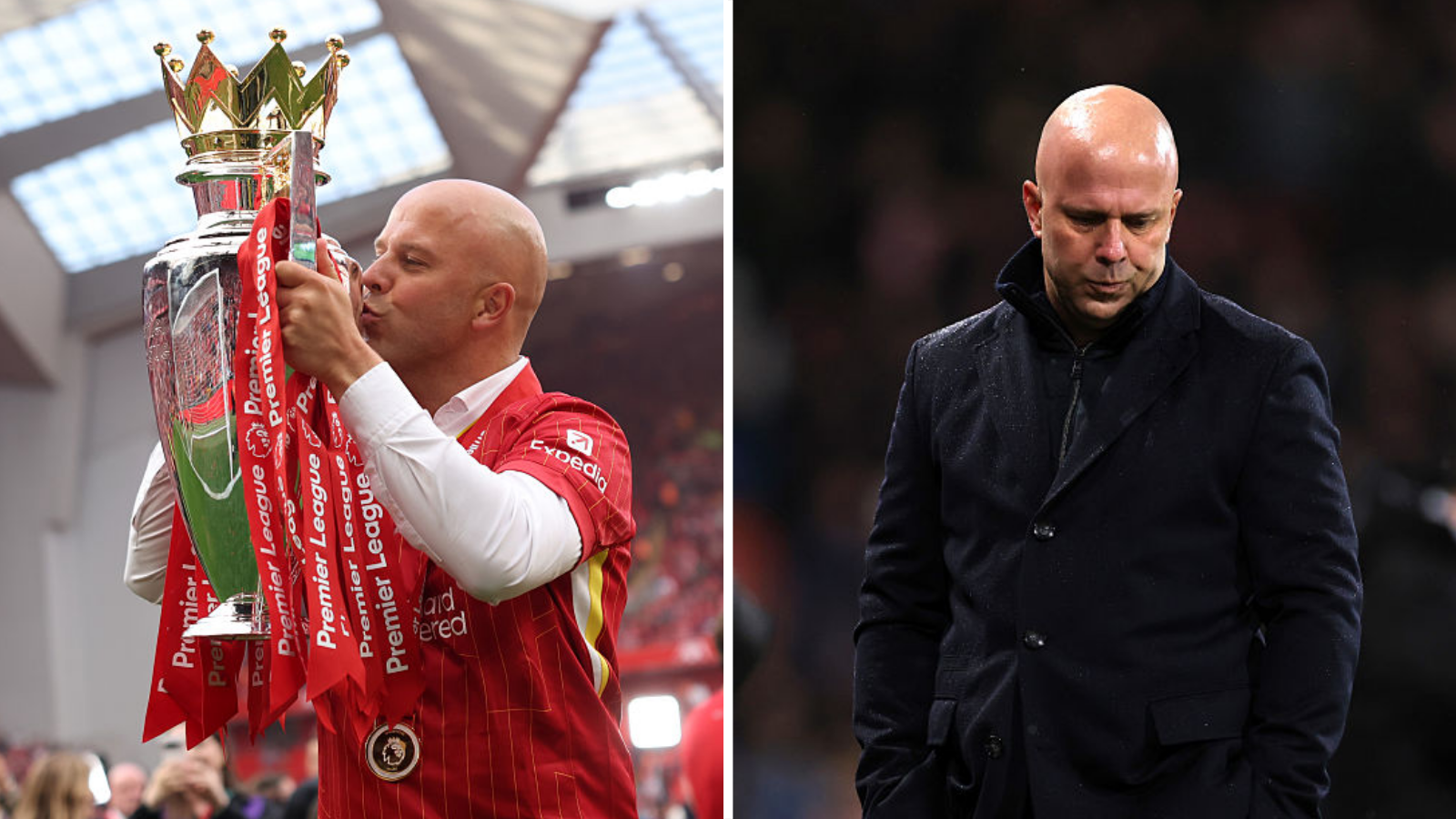 A split graphic of Arne Slot with the Premier League trophy next to a picture of Arne Slot looking deject