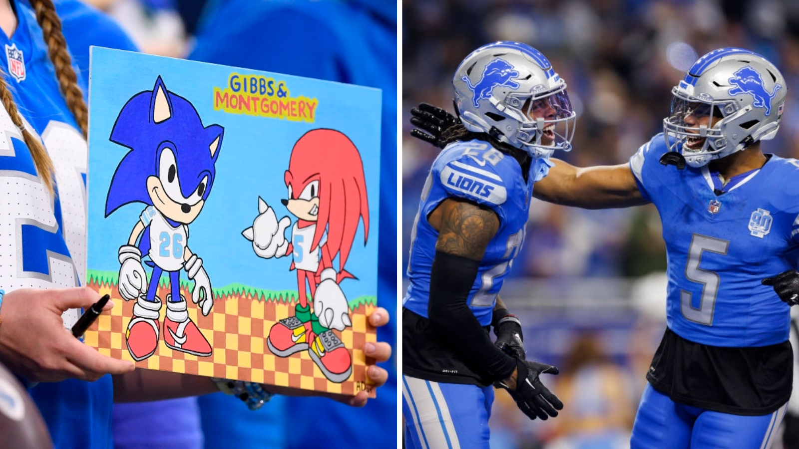 Split image of a Detroit Lions fan holding a sign featuring Sonic and Knuckles, plus Jahmyr Gibbs and David Montgomery celebrating a Lions touchdown