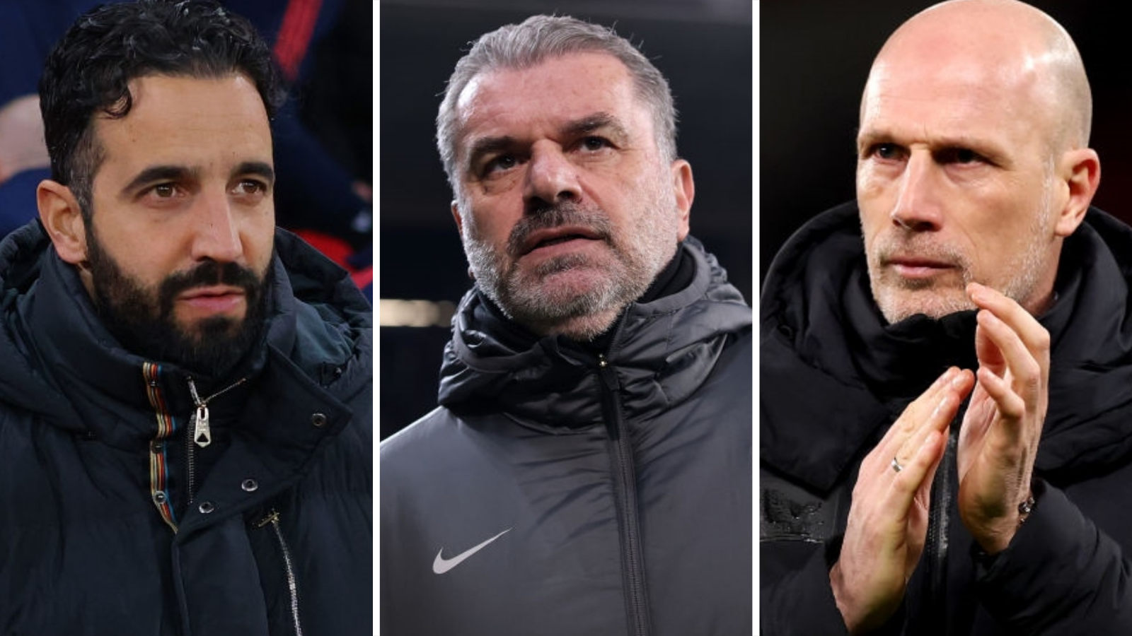 Split image showing Manchester United boss Ruben Amorim, Tottenham manager Ange Postecoglou and Rangers boss Philippe Clemente