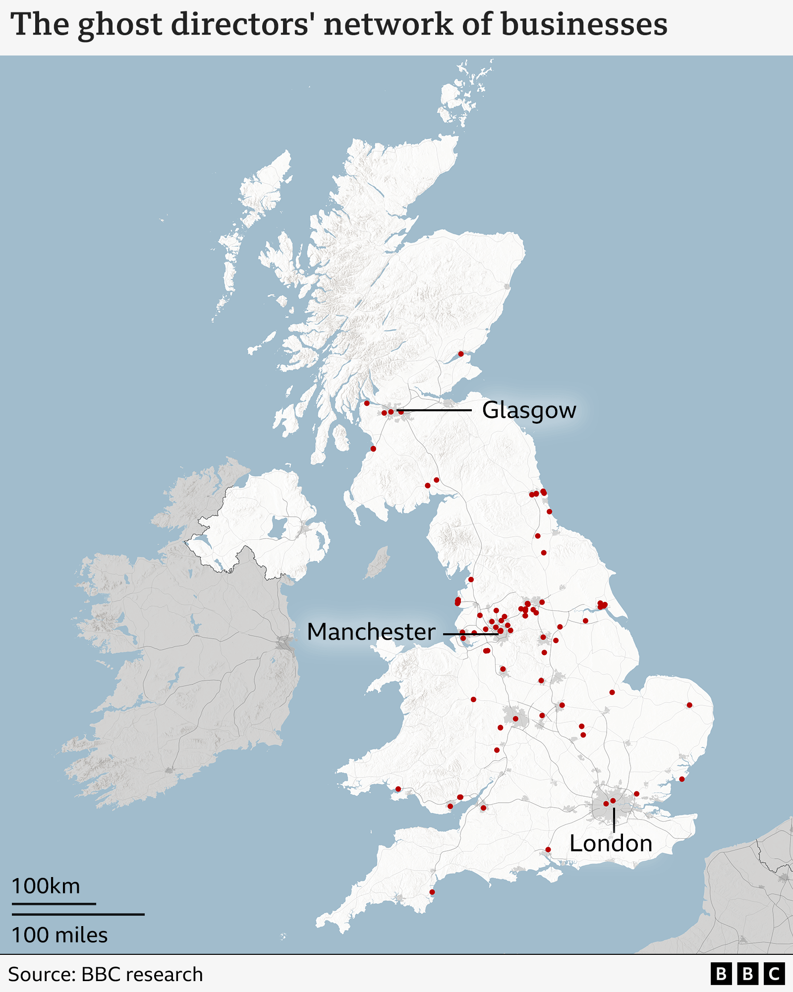 A map of the United Kingdom which shows the ghost directors' network of businesses. They are represented by red dots and there are markers for Glasgow, Manchester and London. 