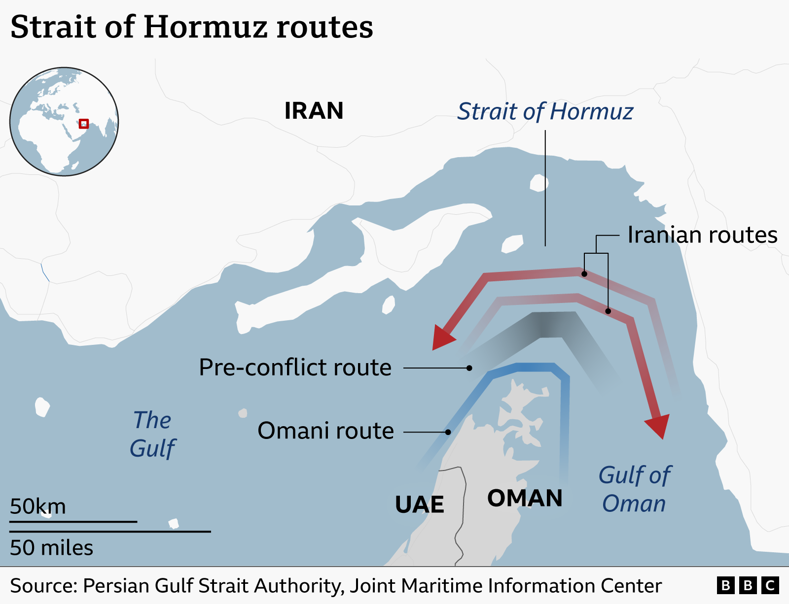 A map showing three routes through the Strait of Hormuz a body of water between Iran and Oman. The northern Iranian route, southern Omani route and the pre-conflict route in the middle