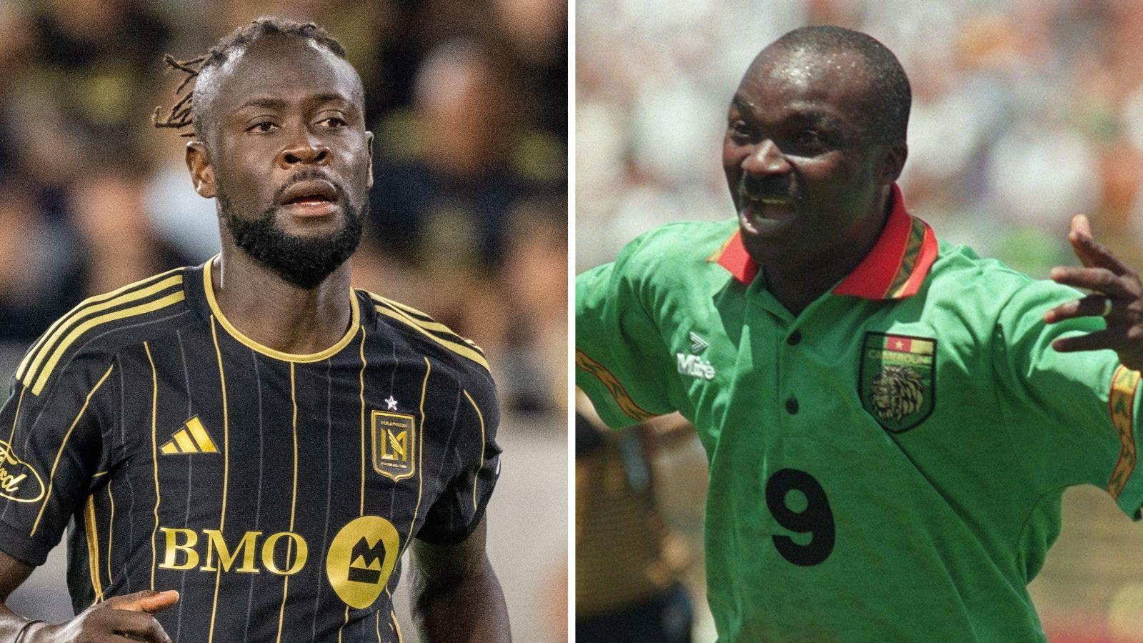 A spit image of Kei Kamara, wearing a black LA FC shirt with gold pinstripes and detailing, and Roger Milla celebrating a goal for Cameroon in a green shirt with a number nine on the chest