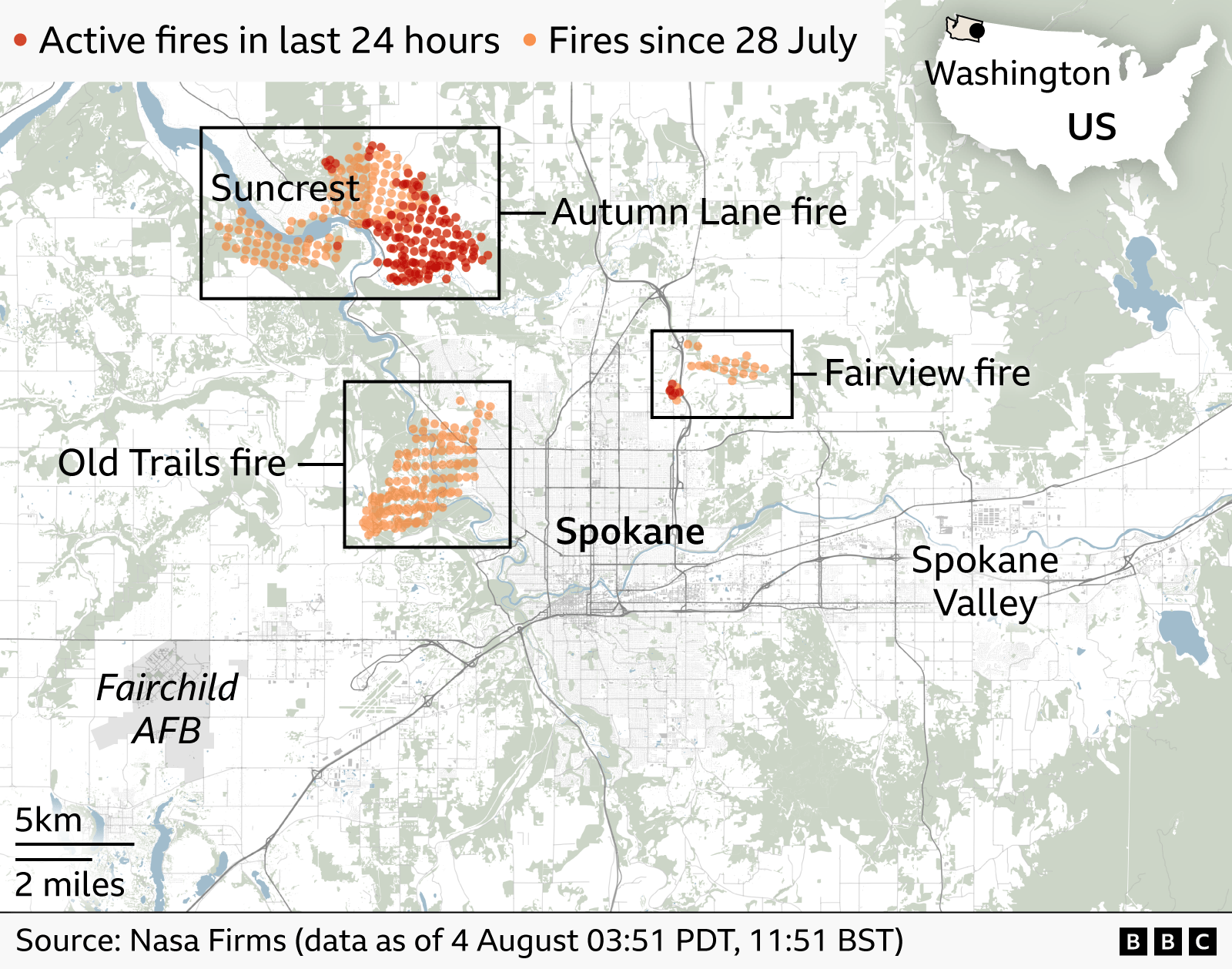 A map of the wildfires surrounding Spokane in Washington state