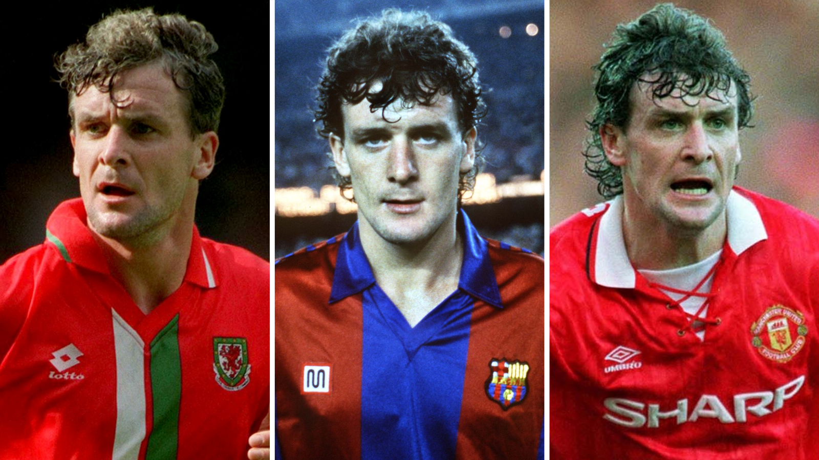 Mark Hughes playing for Wales (left), Barcelona (centre) and Manchester United (right)