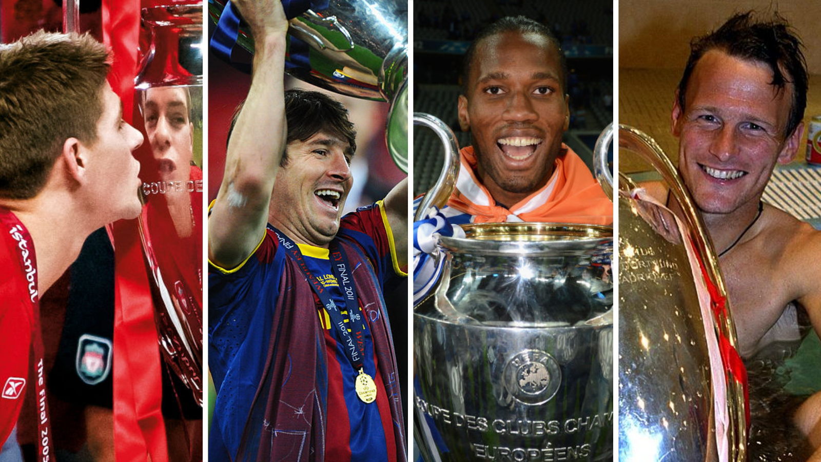 Split picture of Steven Gerrard, Lionel Messi, Didier Drogba and Teddy Sheringham