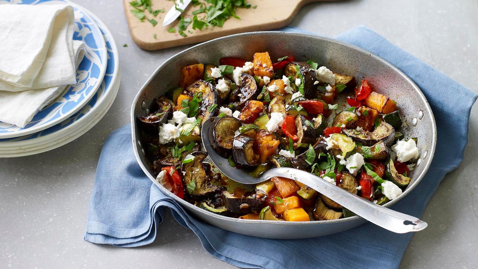 Roasted vegetables with herbs and feta