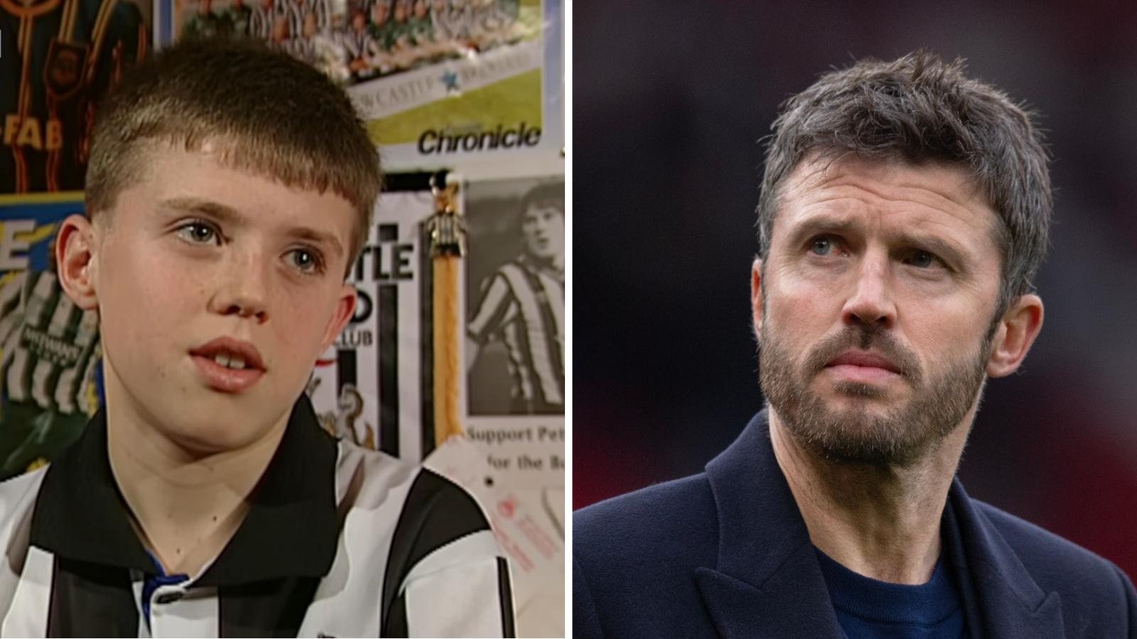 Michael Carrick, aged 13, in his Newcastle United shirt and, right, in the present day as Manchester United manager