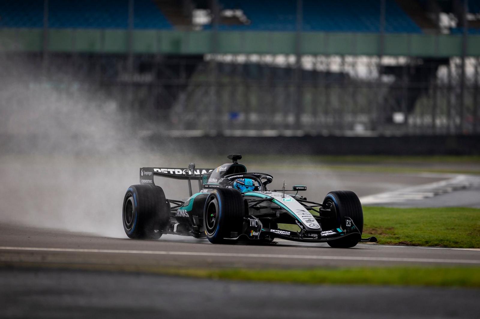 George Russell in the new Mercedes F1 car at Silverstone