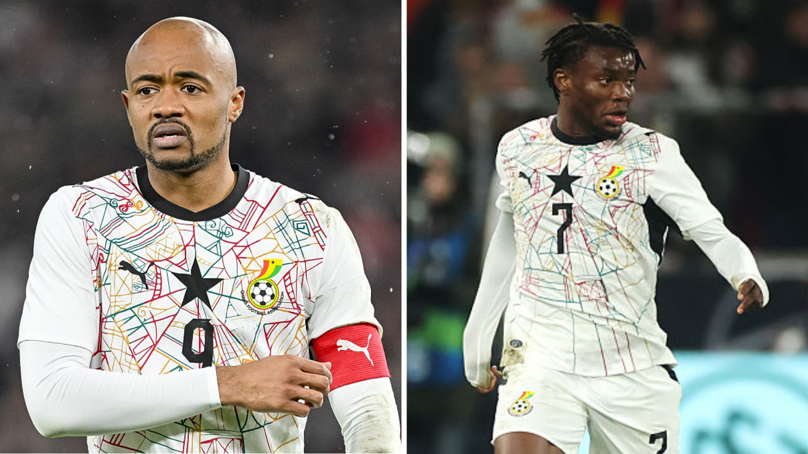 A side by side image of Jordan Ayew and Abdul Fatawu in action for Ghana wearing a white kit with a colourful spider's web design on the shirt with a black star in the middle