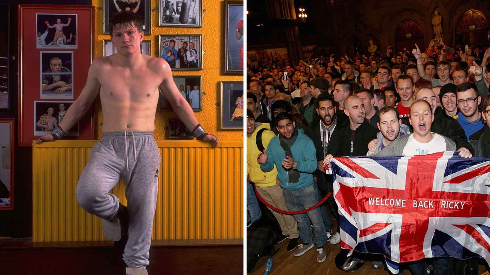Split image of a young Ricky Hatton at his gym and hundreds of fans welcoming him back from a fight