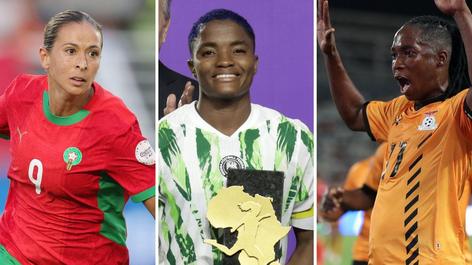 A triptych showing Morocco's Ibtissam Jraidi in red kit, Nigeria's Rasheedat Ajibade in green and white kit with golden trophy made up of a female footballer on top of an outline of the African continent, and Zambia's Barbra Banda raising her arms to celebrate while wearing an orange jersey