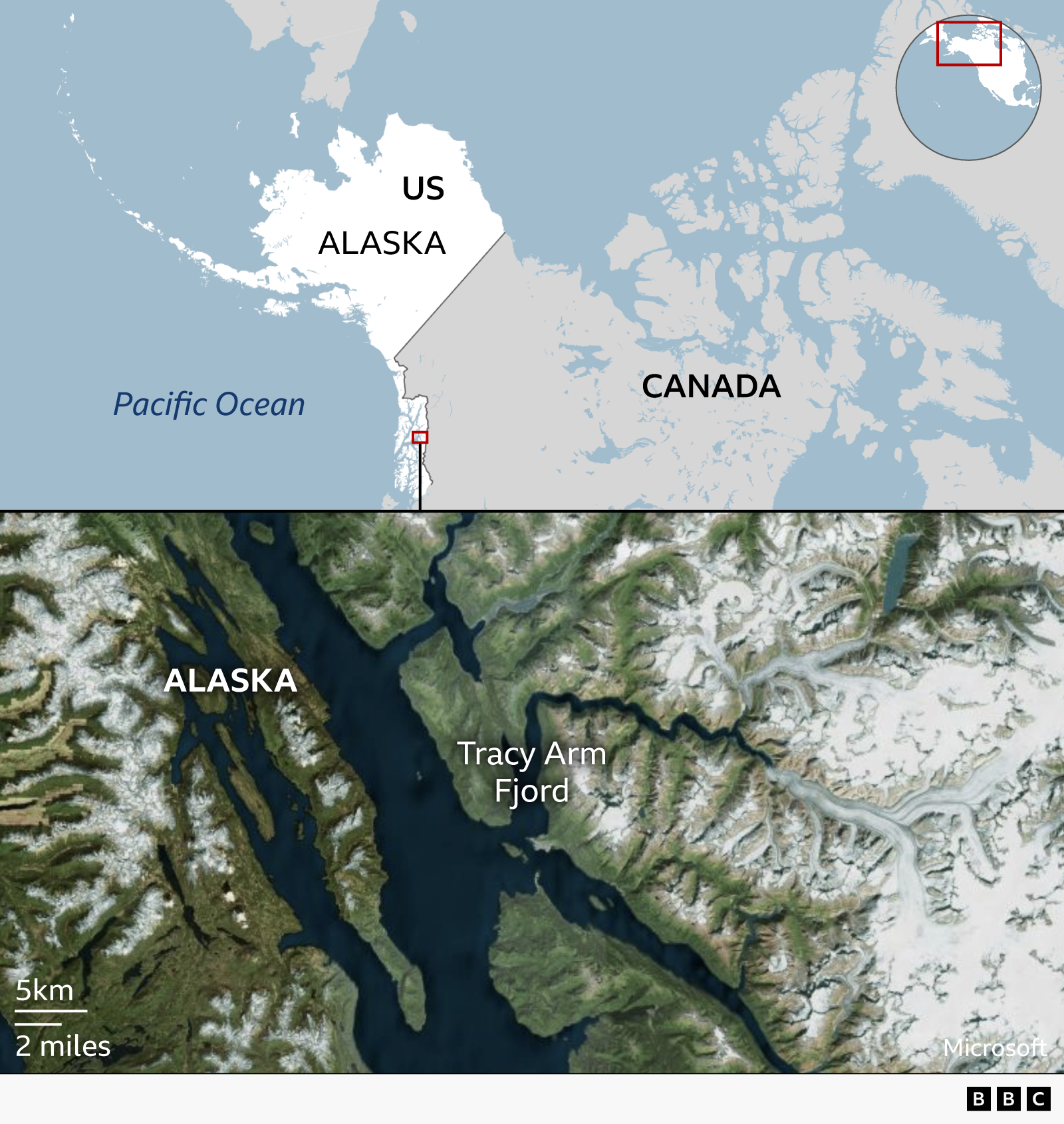 Harta e SHBA-së dhe Kanadasë që tregon vendndodhjen e Tracy Arm Fjord në juglindje të Alaskës
