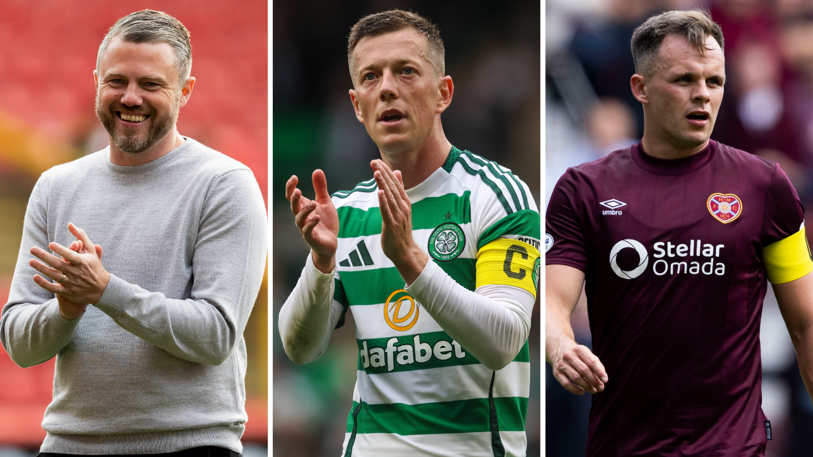 Aberdeen manager Jimmy Thelin, Celtic captain Callum McGregor and Hearts captain Lawrence Shankland