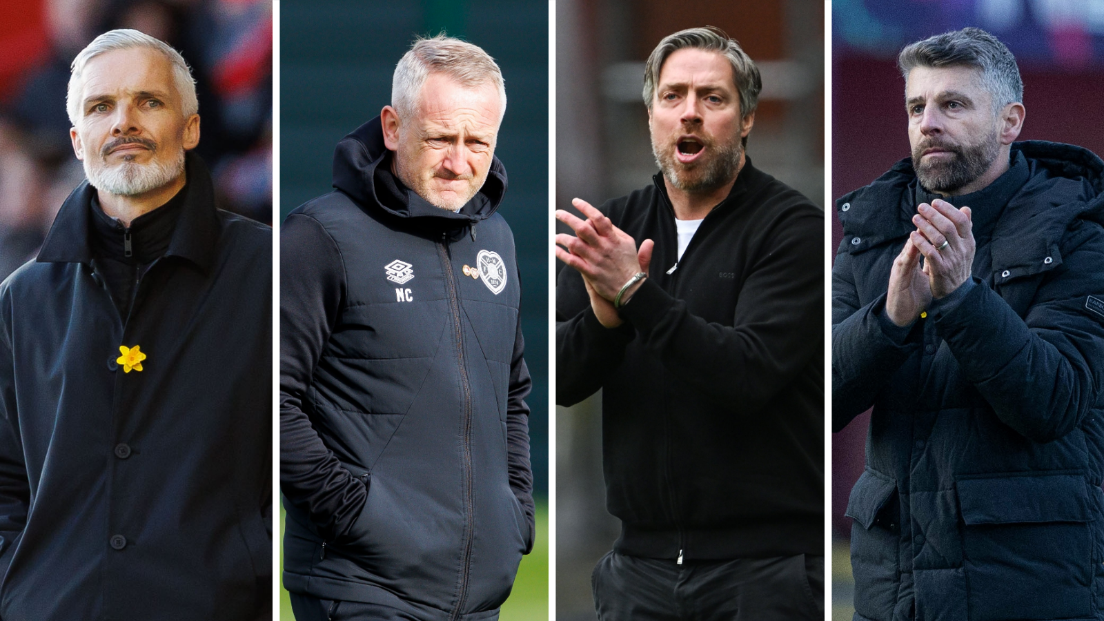 Dundee United manager Jim Goodwin, Hearts head coach Neil Critchley, Motherwell manager Michael Wimmer and St Mirren boss Stephen Robinson