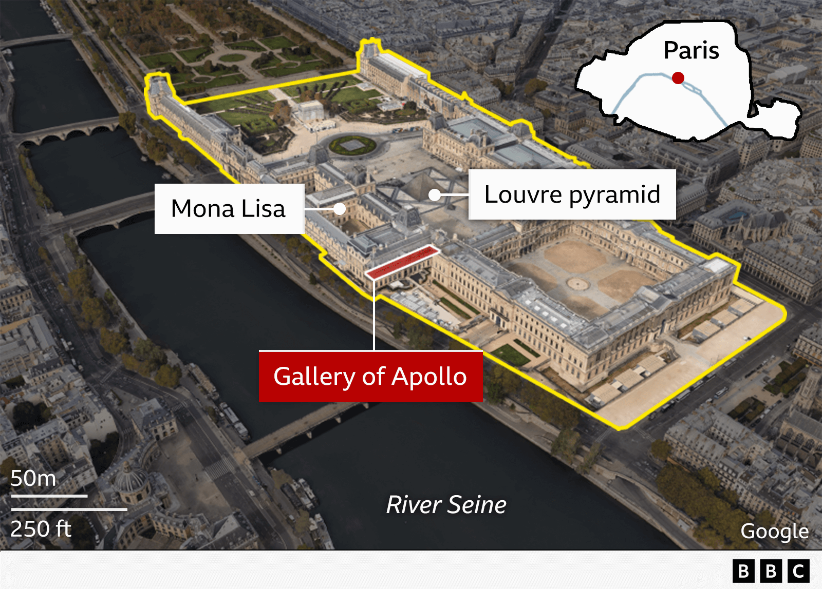 Aerial view of the Louvre Museum in Paris, France, with the museum outlined in yellow along the River Seine. Key locations within the museum are labeled, including the Mona Lisa, Louvre Pyramid and Gallery of Apollo.