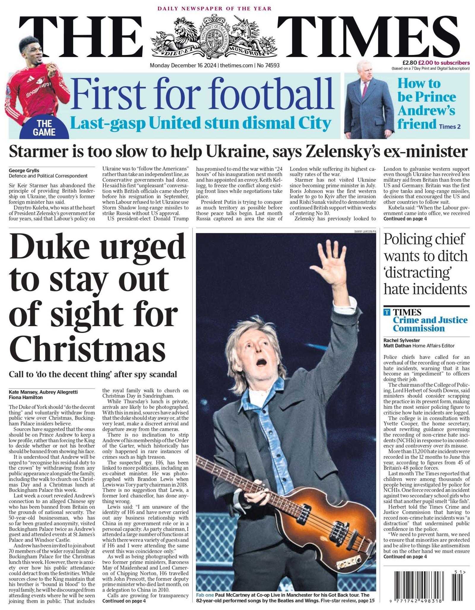 The front page of The Times has a lead headline which reads: "Duke urged to stay out of sight for Christmas". 