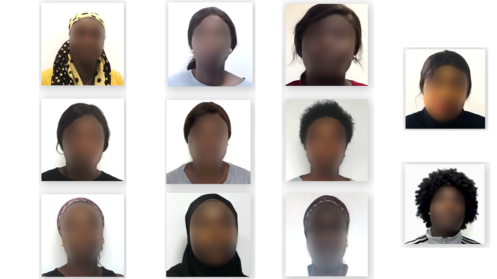 Eleven images of a person, with their face blurred.