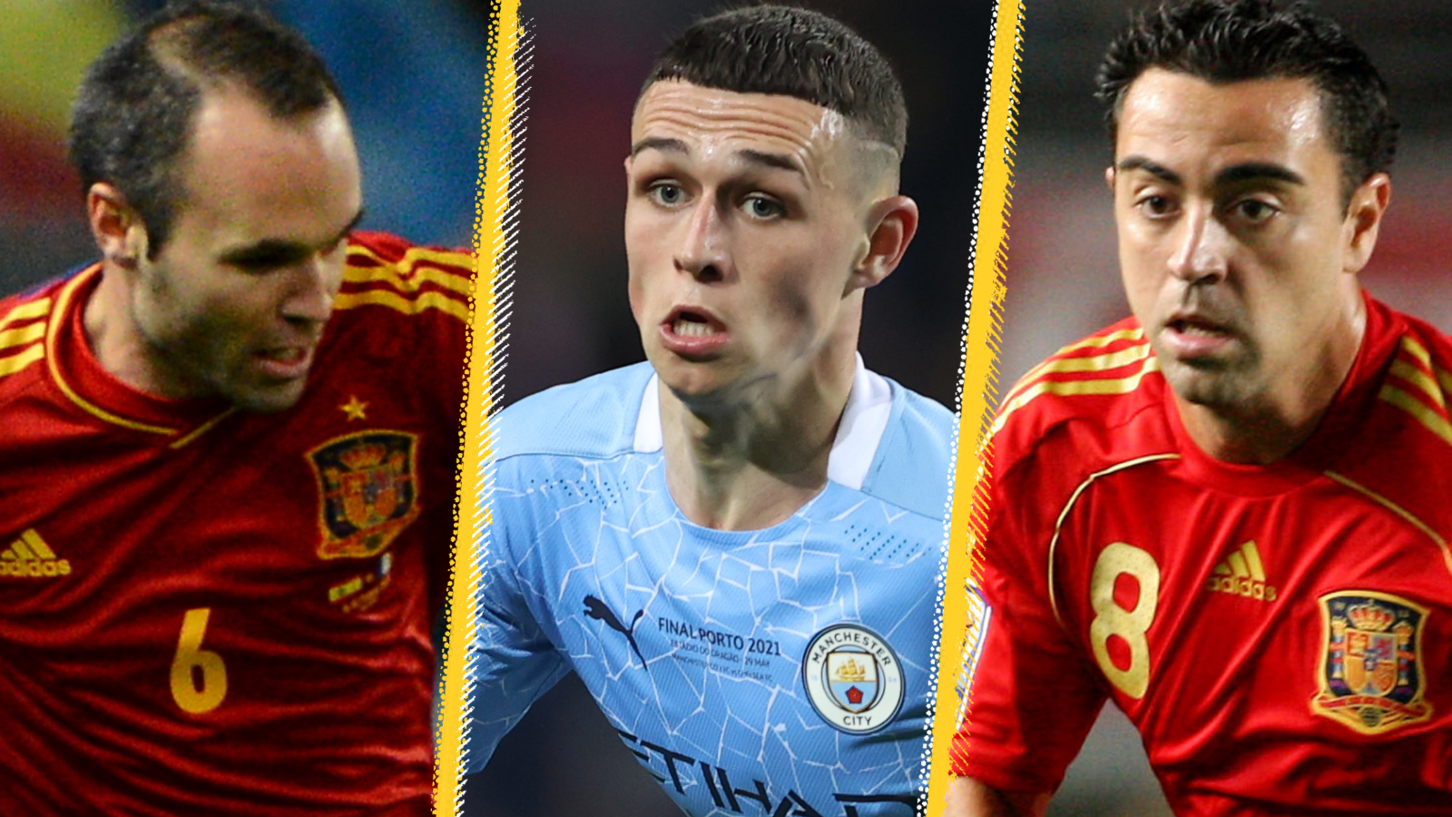 Andres Iniesta, Phil Foden and Xavi