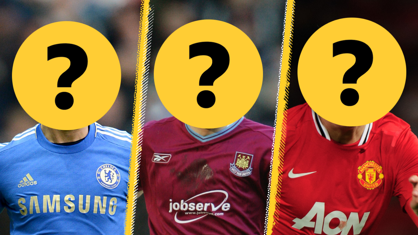 Three Premier League players with their faces covered by question marks to hide identity