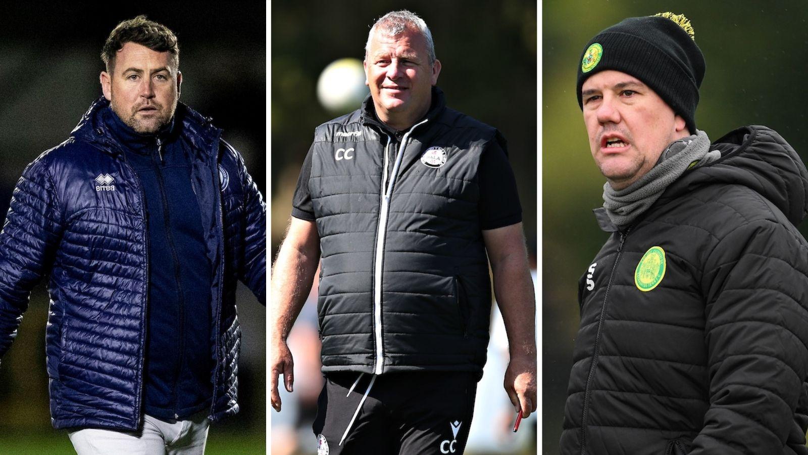 Cardiff Met boss Ryan Jenkins, Bala Town's Colin Caton and Caernarfon Town head coach Richard Davies