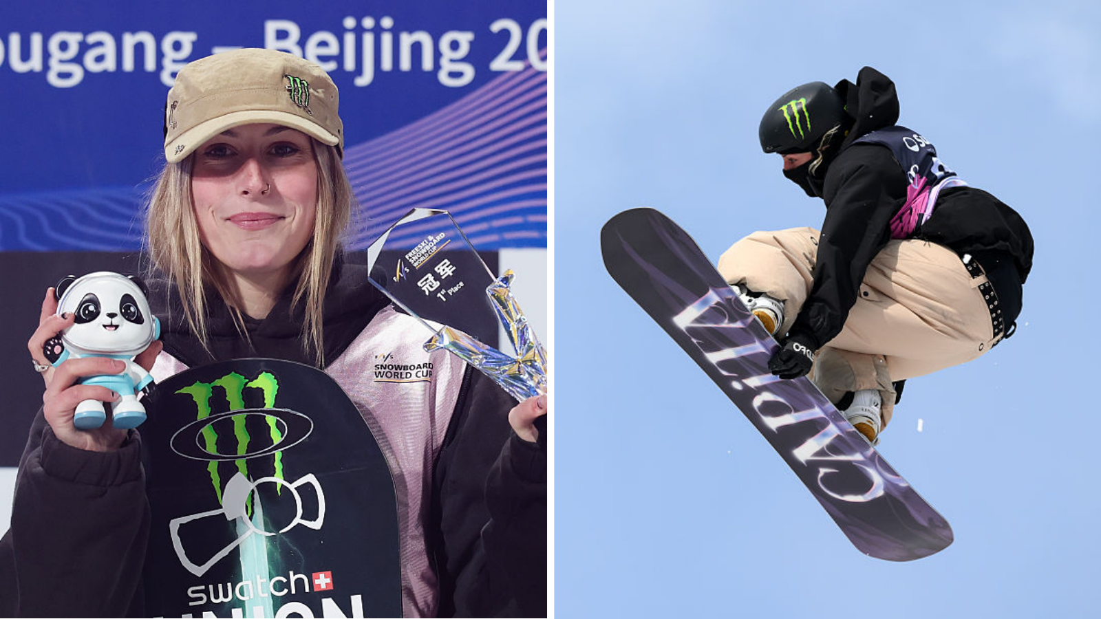 Mia Brookes poses with a trophy while wearing a light brown baseball cap in one picture, while adjacent picture shows her in a mid-air snowboard action shot