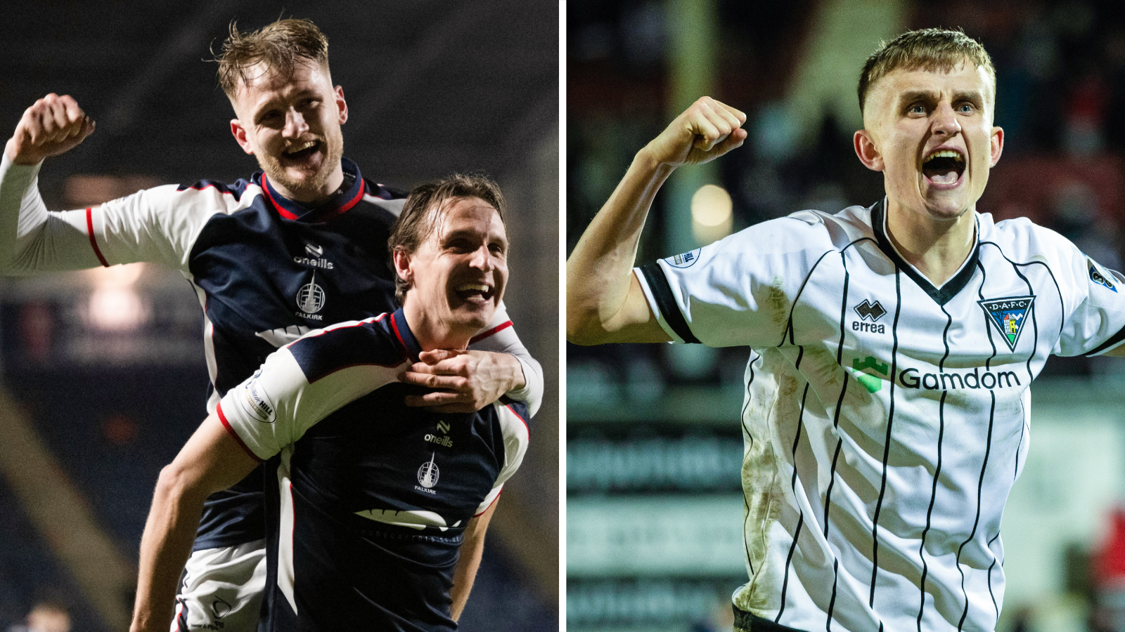 Falkirk duo Liam Henderson and Coll Donaldson celebrate beating Dundee United; Dunfermline's Matthew Todd celebrates beating Aberdeen