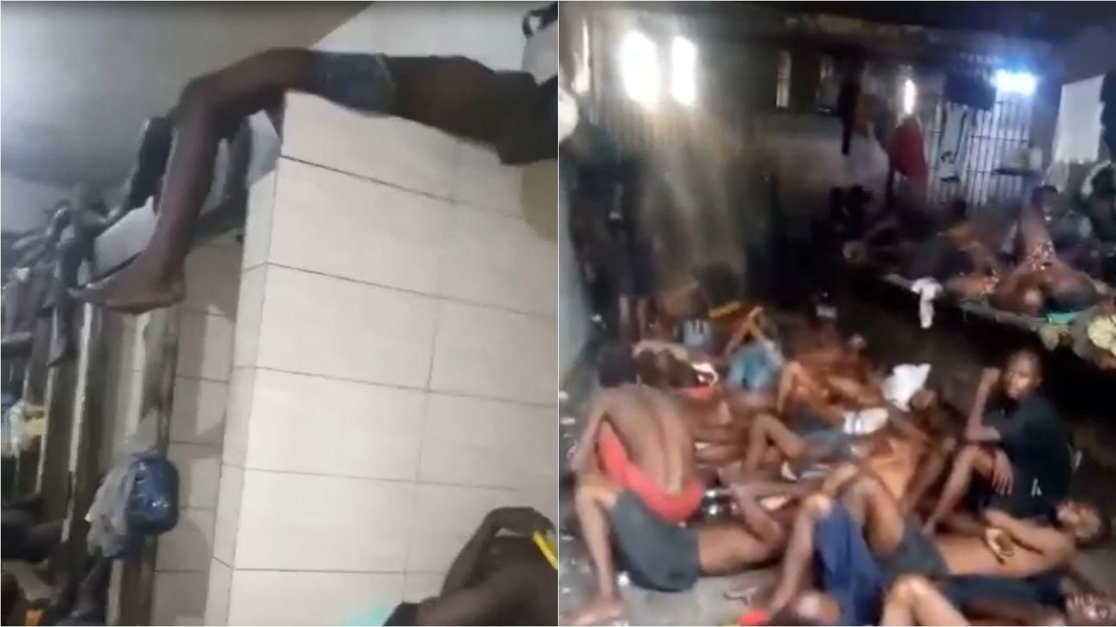 Screenshots of a mobile phone video showing the extent of overcrowding at Makala prison