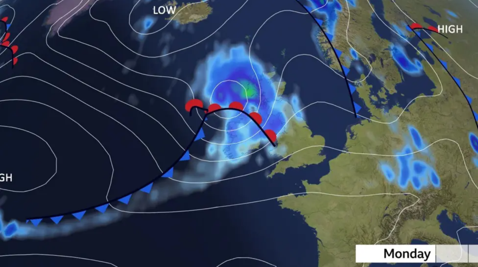 Image of BBC Weather map showing lots of rain due to fall on north of England, Wales and Scotland