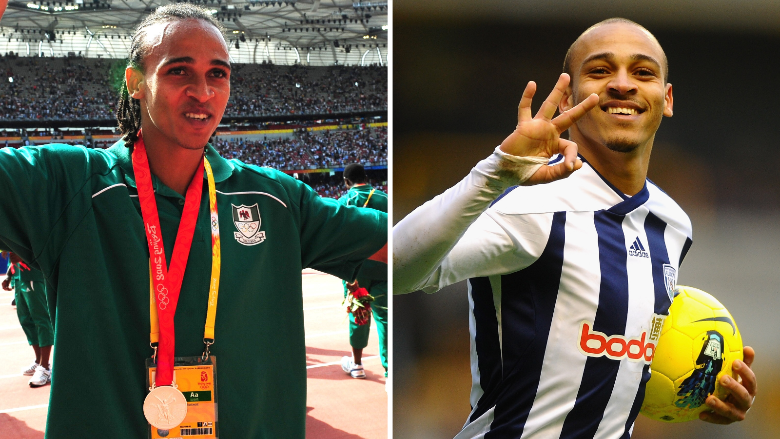 A composite image of Peter Odemwingie: on the left he stands on the running track of Beijing's Olympic Bird's Nest Stadium wearing a green Nigeria training top with an silver medal around his neck on a red ribbon, while on the right he smiles into the camera wearing a blue and white striped West Brom shirt with a yellow ball tucked under his left arm with the fingers of right hand held up to signal scoring three goals 