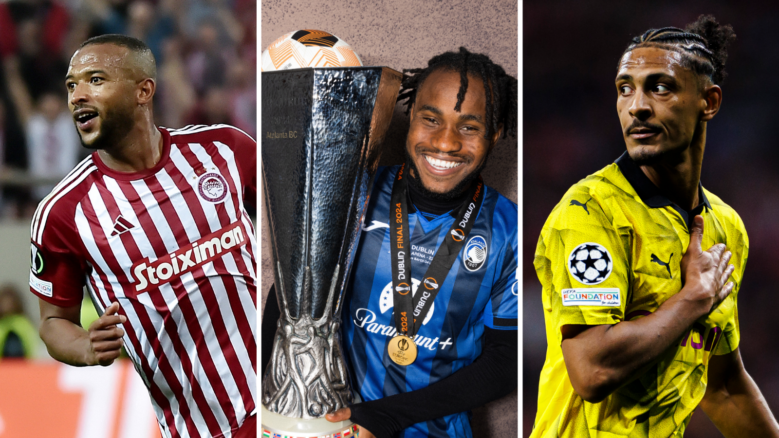 A split image of Ayoub El Kaabi and Sebastien Haller celebrating goals either side of Ademola Lookman lifting the Europa League trophy