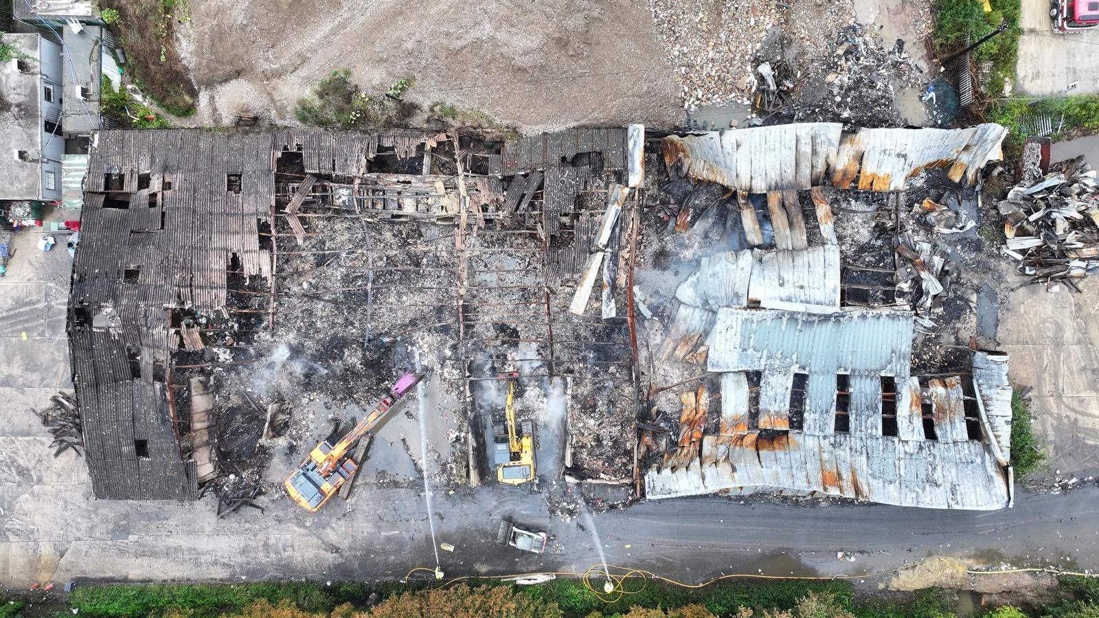 An aerial view of the burnt building showing an bird's eye view from above.