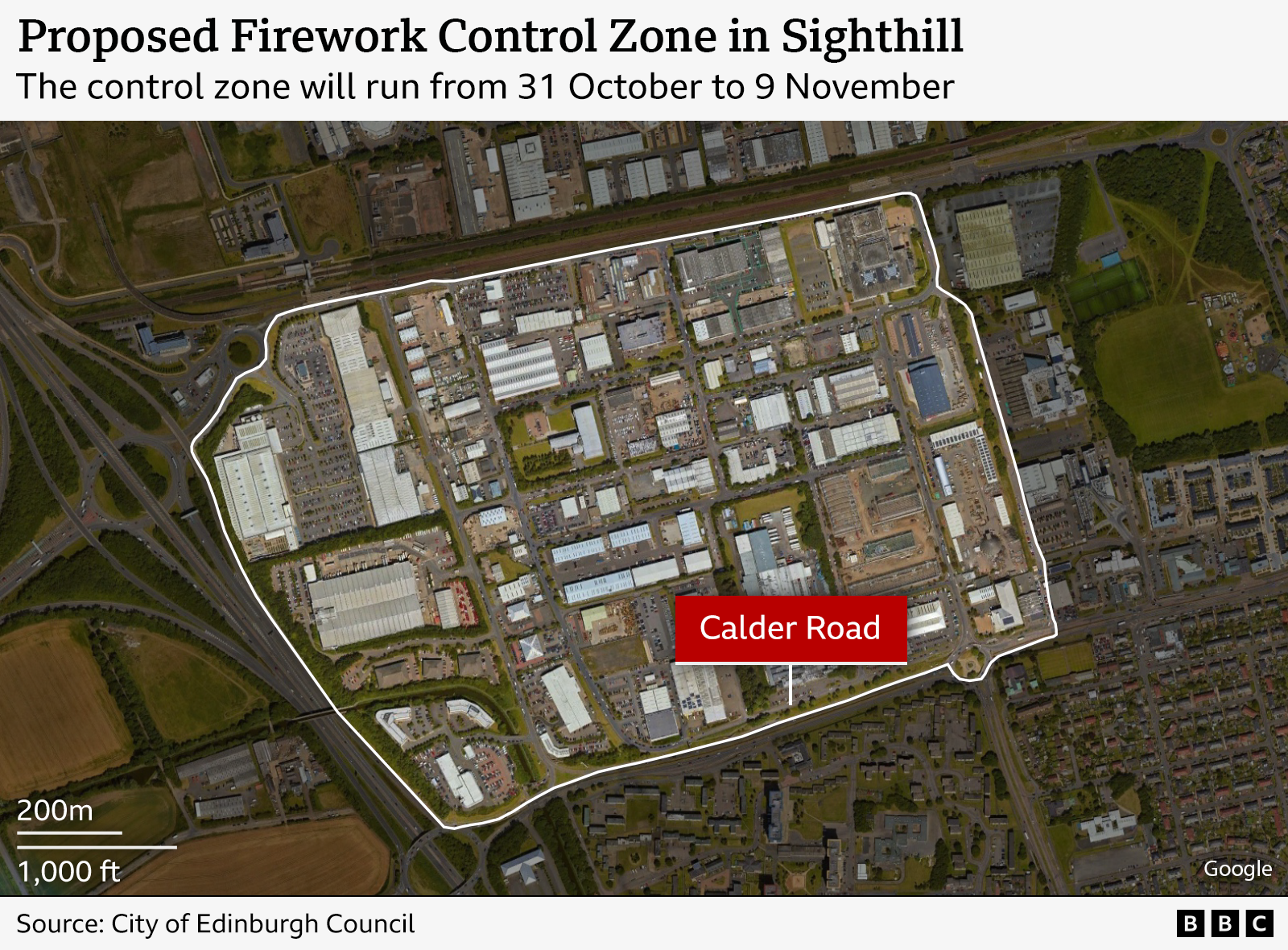 The map headline says: Proposed Firework Control Zone in Sighthill
The subhead says: The control zone will run from 31 October to 9 November
The graphic shows a map of the proposed Firework Control Zone in Sighthill. There is a line pointing to Calder Road.
The source is the City of Edinburgh Council