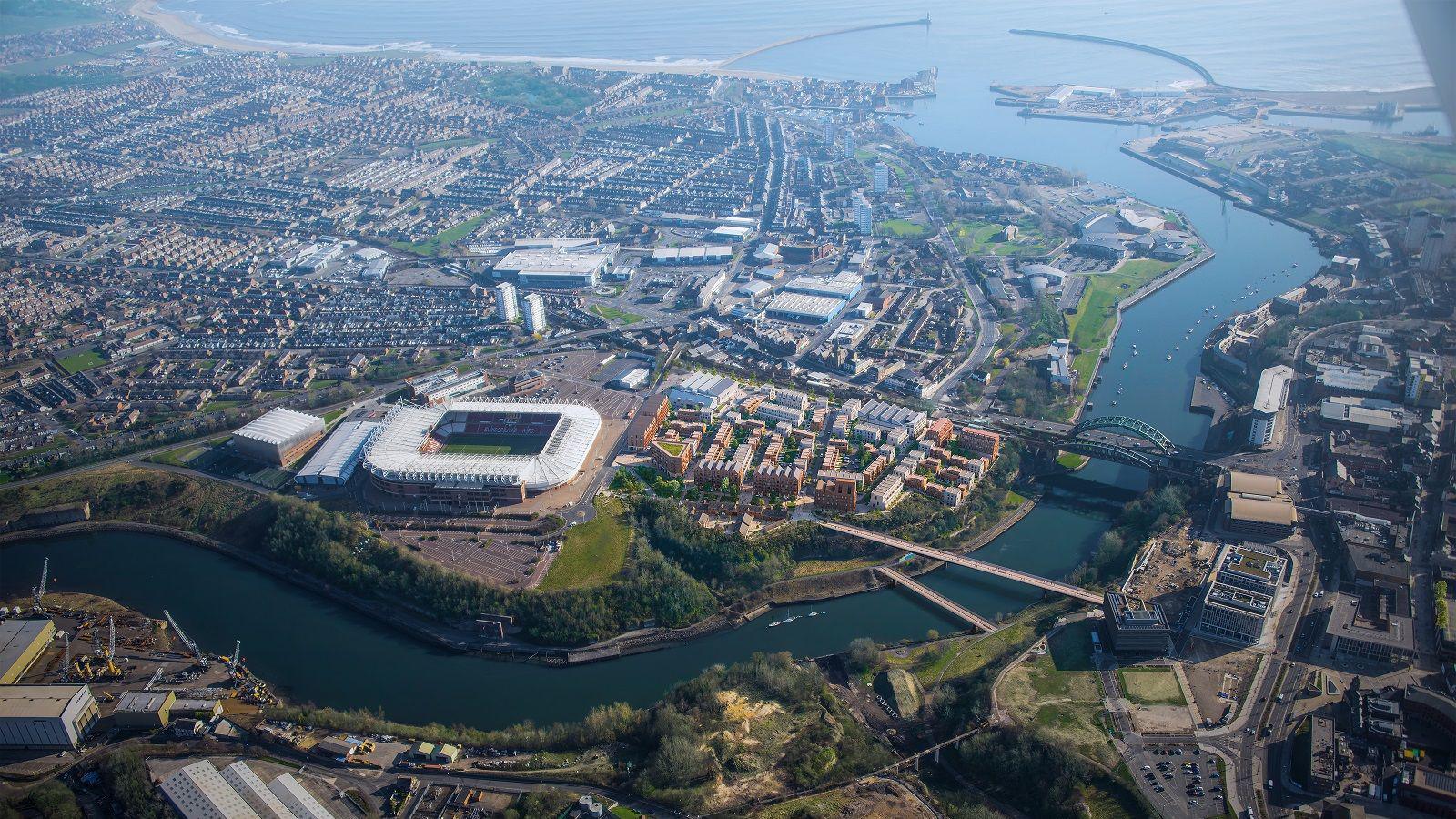 Aerial view of Sunderland near the Stadium of Light. The River Wear runs past the ground, while several bridges are also visible.