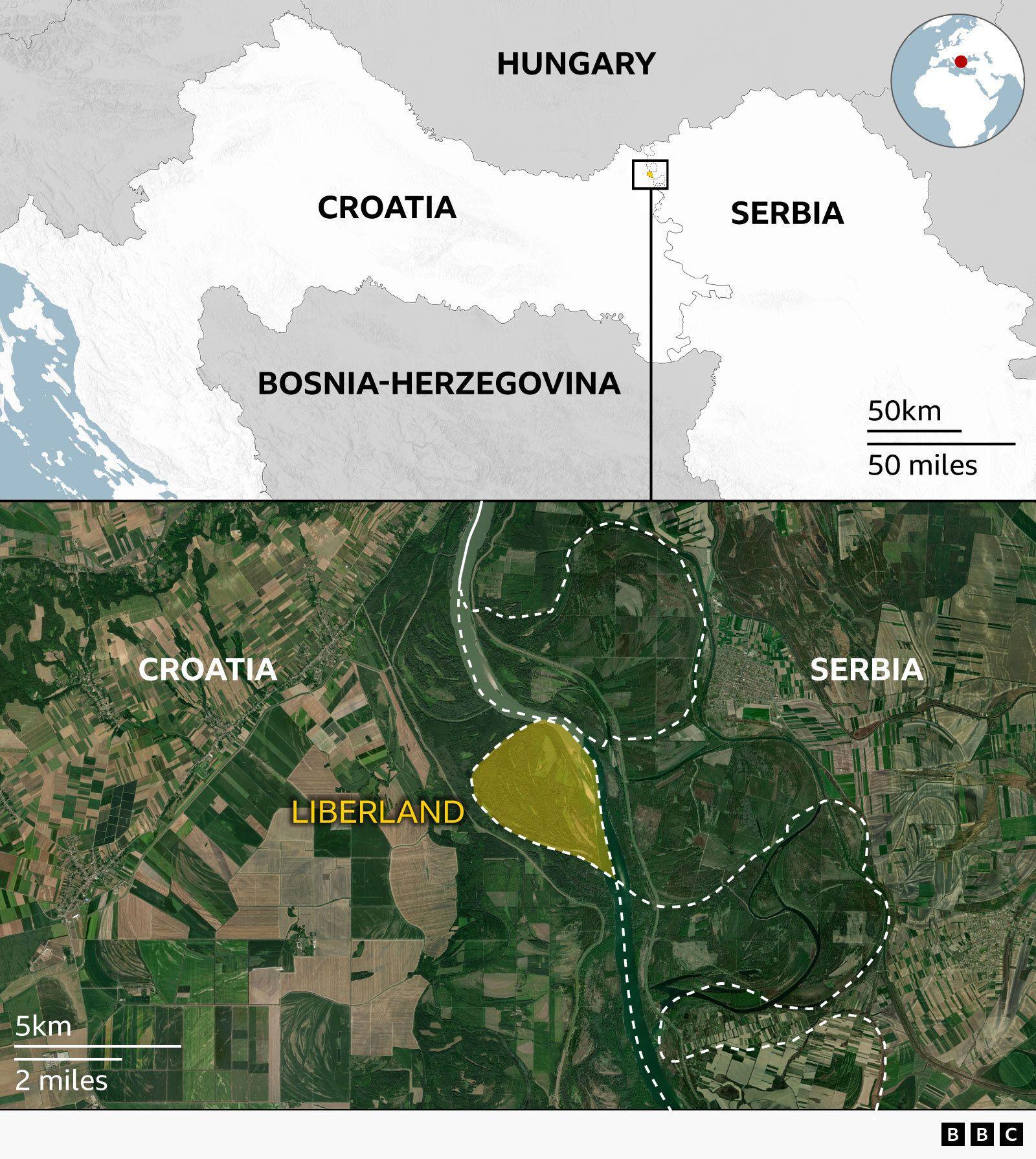 A map highlighting Liberland's disputed location between Croatia and Serbia