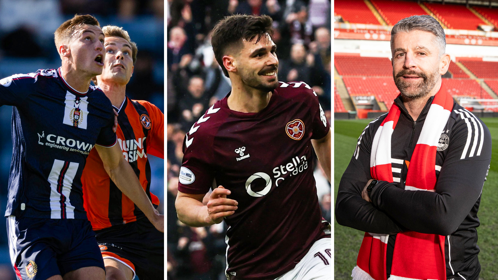 Dundee's Ryan Astley and Dundee United's Julius Eskesen in action; Claudio Braga celebrates scoring for Hearts; Stephen Robinson poses for photographs at Pittodrie