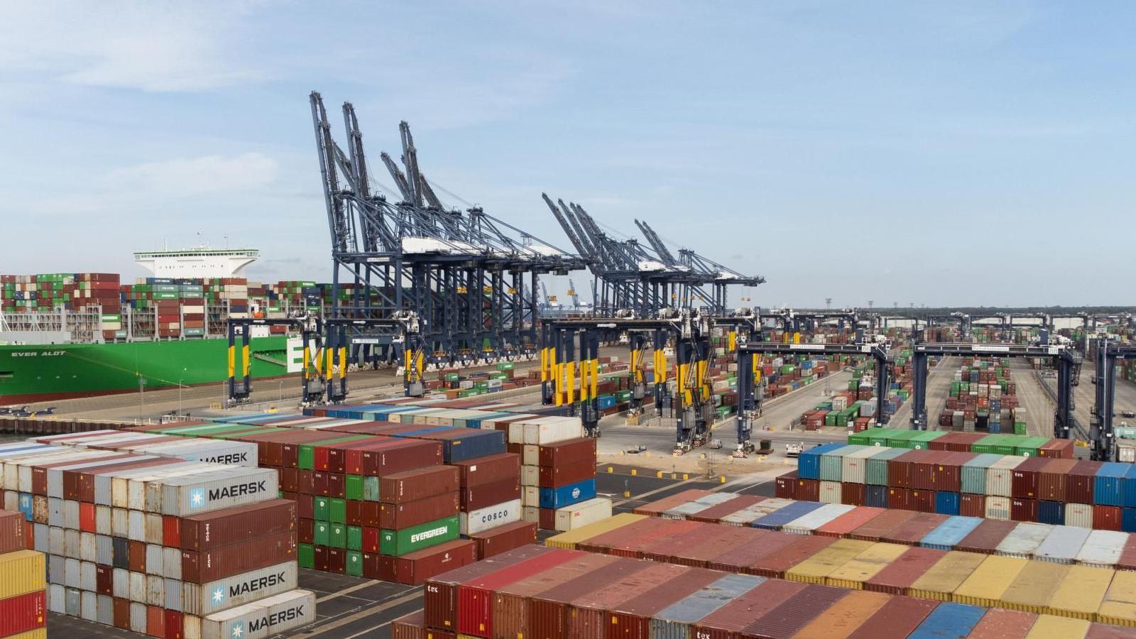 Shipping containers are at the front of the image, in the background are blue cargo cranes with a green ship moored on the left.