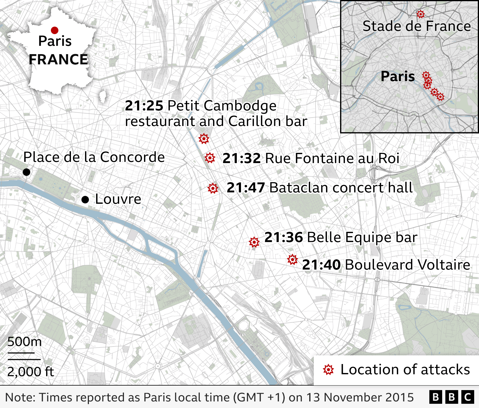 Map showing timeline of 13 November 2015 attacks