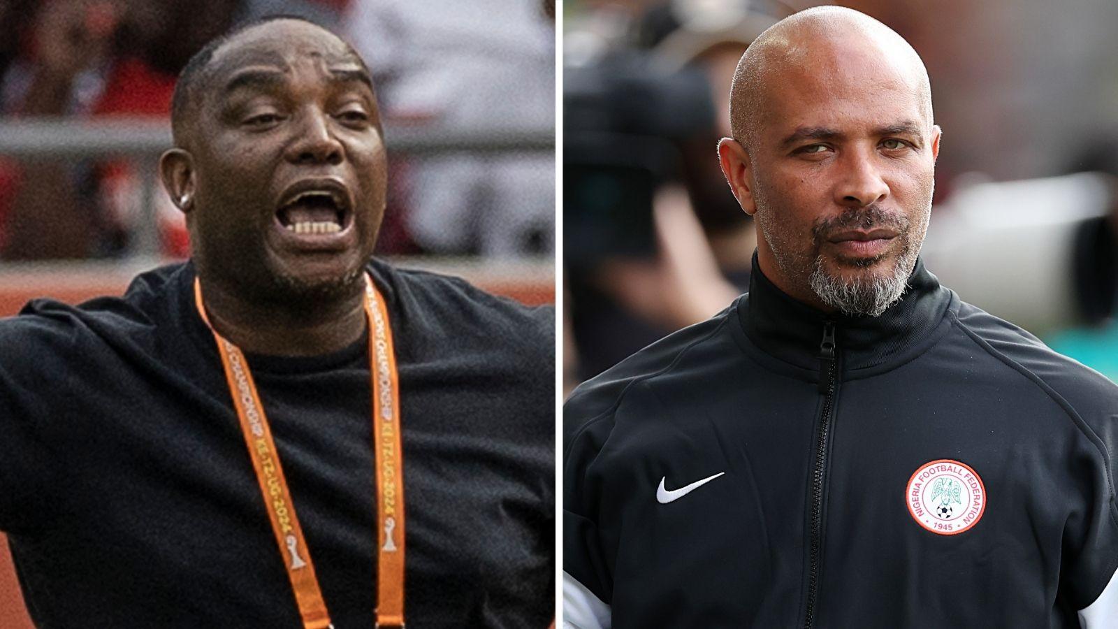 A composite image showing on the left Benni McCarthy wearing a black T-shirt with an orange lanyard over it as he shouts at a football match, while on the right Eric Chelle wears a black Nigeria tracksuit top and looks at the camera with a blank expression. Both men are seen from chest up