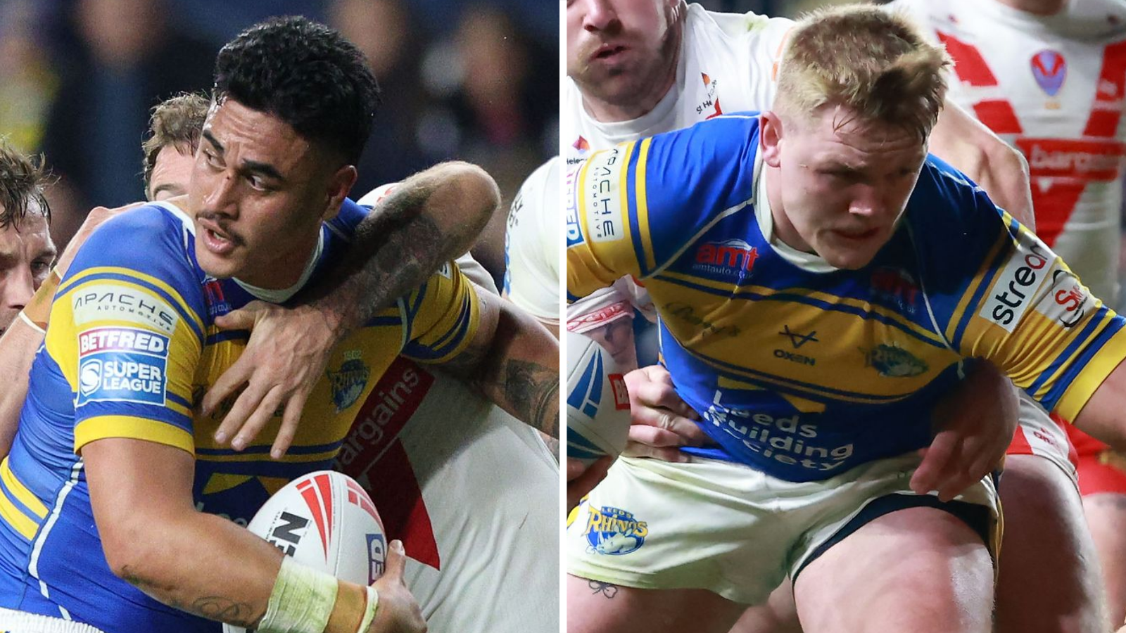Side-by-side close-ups of Keenan Palasia and James McDonnell playing for Leeds Rhinos