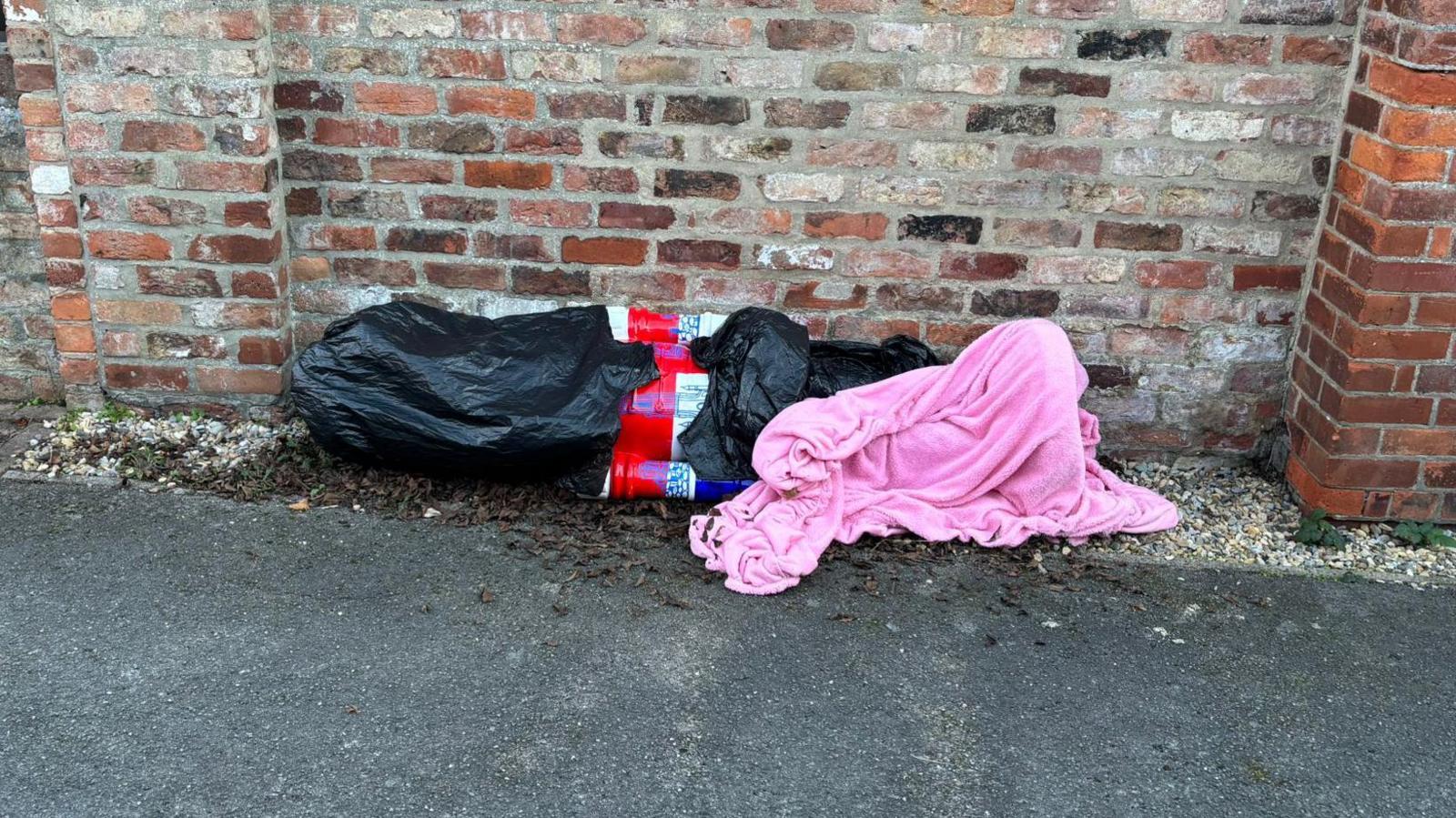 Great Britain Nutcracker wrapped up in plastic bags and a pink blanket by a brick wall.