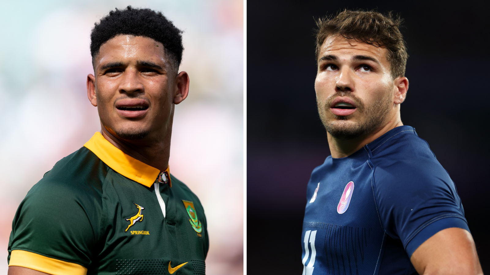 Sacha Feinberg-Mngomezulu in a Springbok jersey and Antoine DuPont in France kit