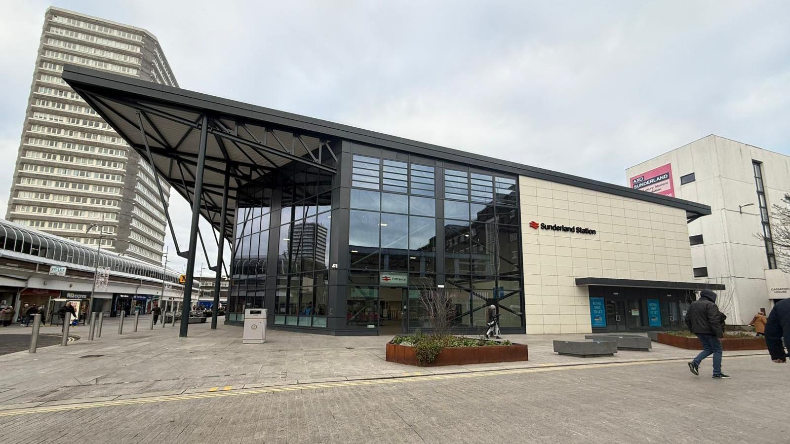 Frontage of Sunderland station. It is a modern building with glass frontage.