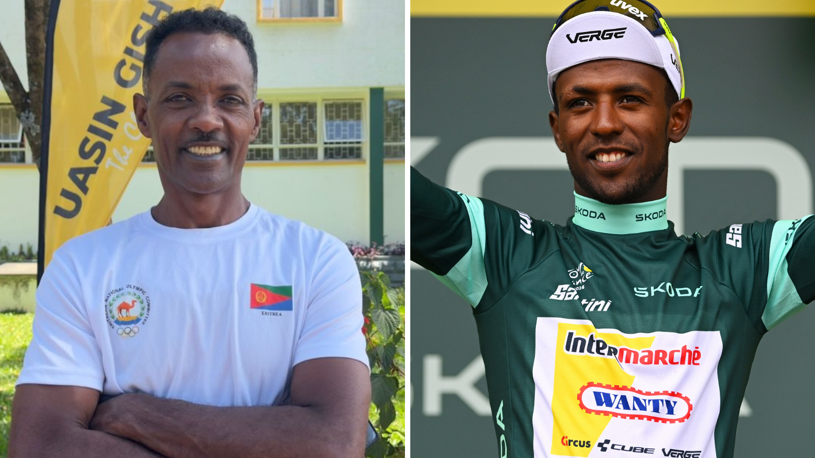 A split picture showing Yonas Zekarias looking at the camera and Biniam Girmay waving to the crowd while wearing the Tour de France's green jersey