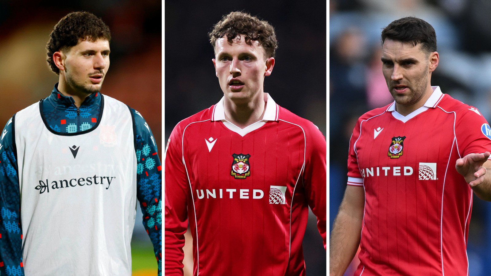 Wrexham trio Liberato Cacace (left), Nathan Broadhead (centre) and Matty James (right)