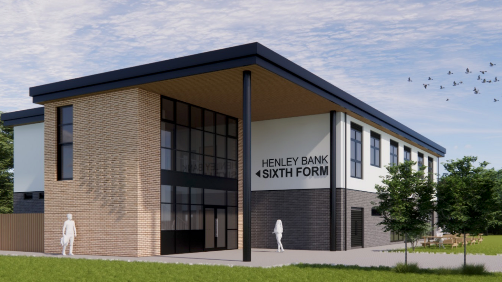 A computer generated image of what Henley Bank High School could potentially look like. There is a two-storey, square building surrounded by grass with a wall of panelled glass windows. There is a grey path leading up to the main glass door and to the right there are a few green trees and wooden benches.