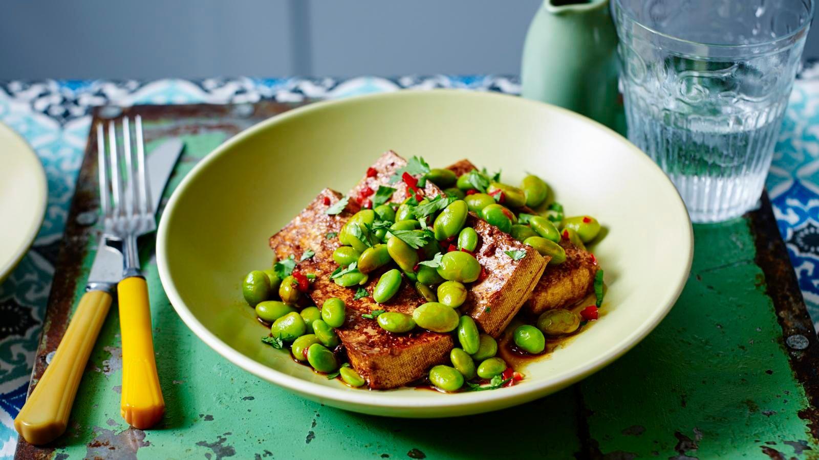 Spicy tofu and edamame beans