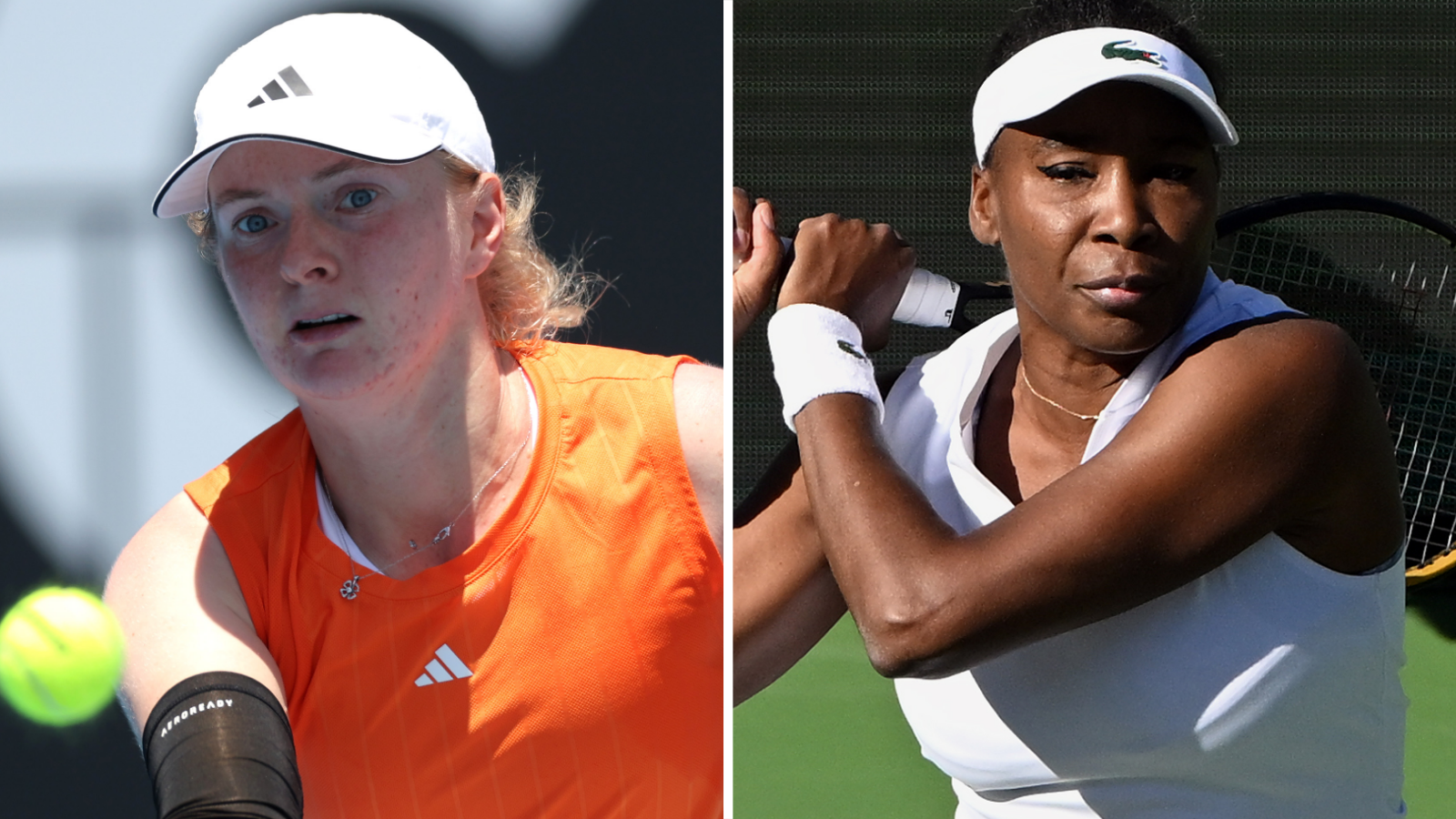 Great Britain's Fran Jones and America's Venus Williams in a split picture, with Jones in orange tennis outfit and white cap and Williams in white tennis outfit and white visor